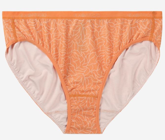 Ex Officio Women's Give-N-Go 2.0 Bikini Brief in the pattern bellini mosaic (peach with geometric patterns)