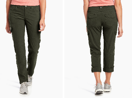 A side-by-side front and back view of a person wearing dark olive green cropped cargo pants with a pink top and gray sneakers, against a plain white background.