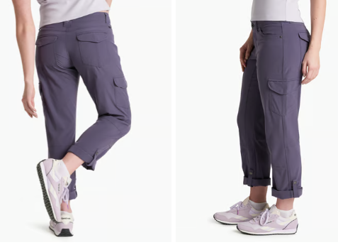 A side-by-side comparison of a model wearing dark purple cargo pants from the back on the left and from the side on the right, paired with light purple sneakers against a clean white background.