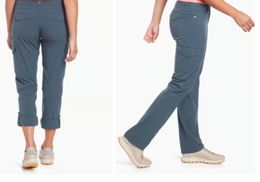 A side-by-side product photo of slate blue cropped pants shown on a model from the back and the side, with the pants cuffed at the ankles and paired with beige sneakers against a white background.