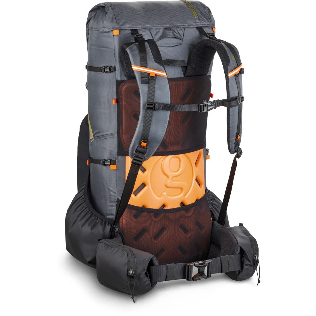 Gray and black backpack with orange support pad on a white background