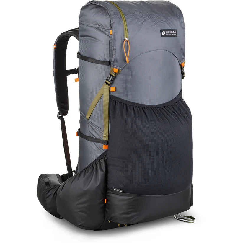 Gray and black backpack with visible brand logo on a white background