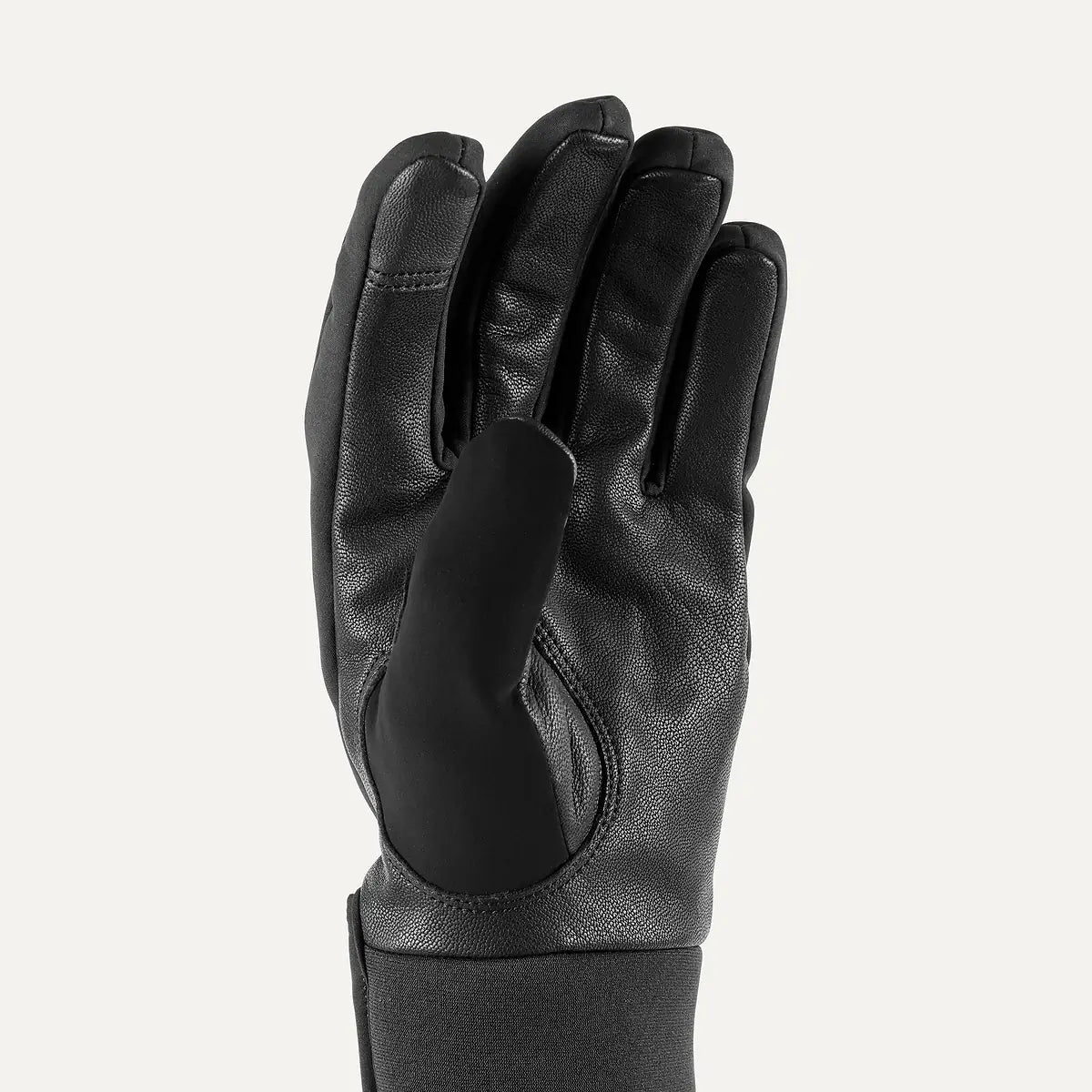 A single black leather glove shown from the back, featuring a smooth black palm and backhand with a ribbed knit cuff, set against a solid off-white background.
