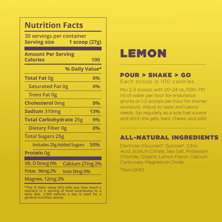 Yellow product packaging label with a black Nutrition Facts panel on the left and product instructions, serving size, and ingredient highlights on the right, including the word LEMON in large purple text.