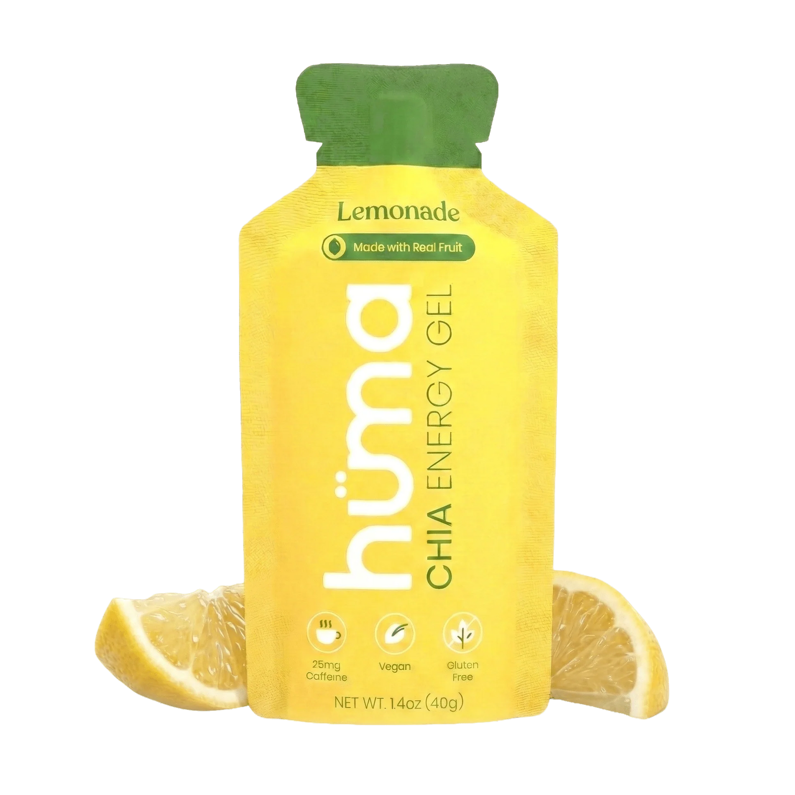 A yellow lemonade-flavored chia energy gel pouch with a green cap, shown on a white background with lemon slices at the base. The brand name hümä is printed vertically on the front.