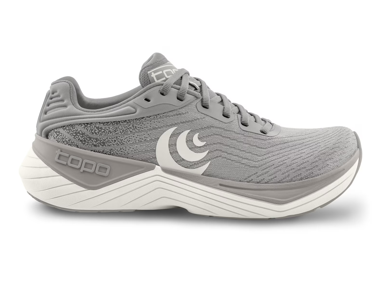 Gray running shoe with a white sole on a white background