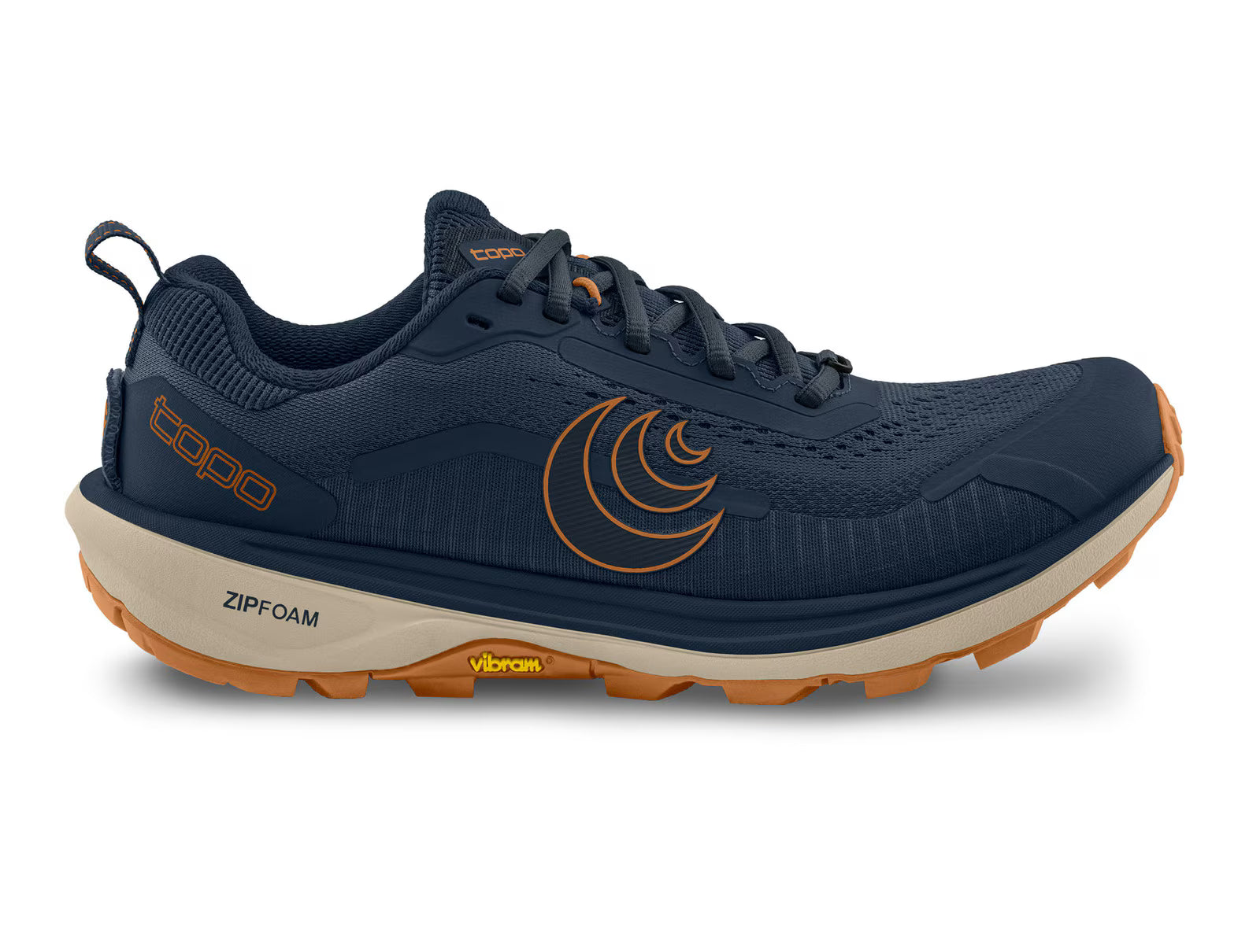 Navy running shoe with orange accents on a white background