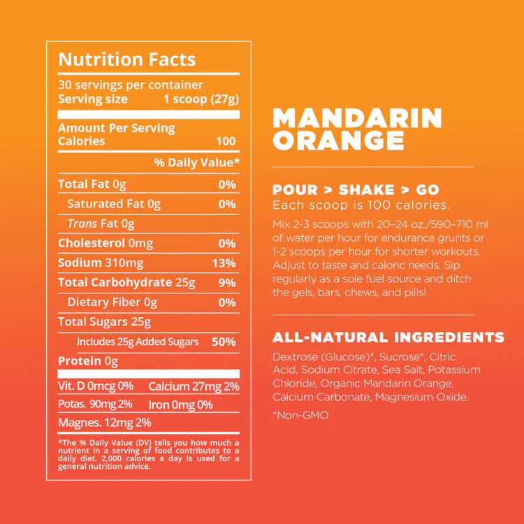 Orange background with a white Nutrition Facts panel on the left and product text on the right reading 'MANDARIN ORANGE' and 'POUR > SHAKE > GO' with serving size, calories, and instructions.