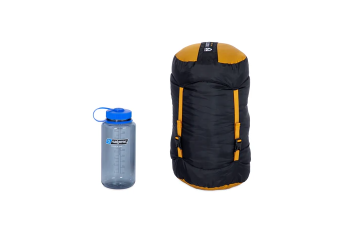 nemo disco 15 sleeping bag in compression sack with nalgene for comparison
