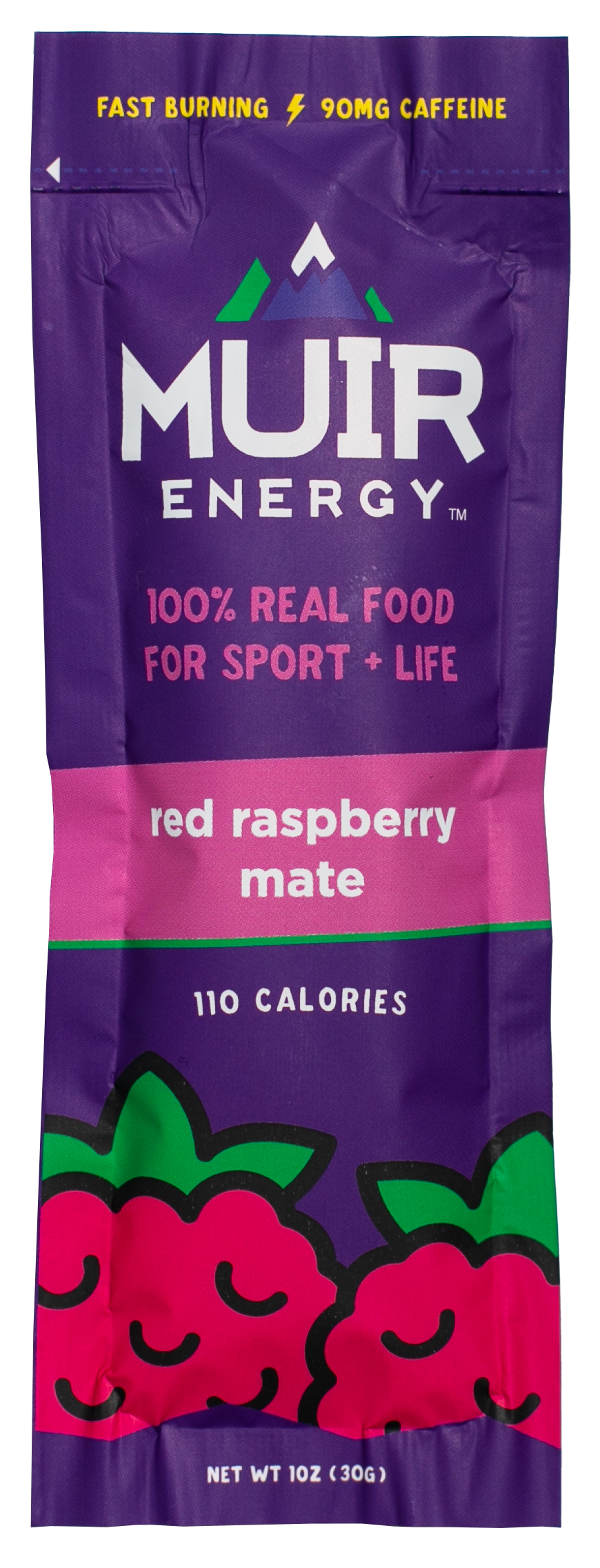 A single Muir Energy red raspberry mate snack packet on a plain white background. The packet is primarily purple with a bright pink band across the middle, green leaf graphics, and illustrations of red raspberries at the bottom.