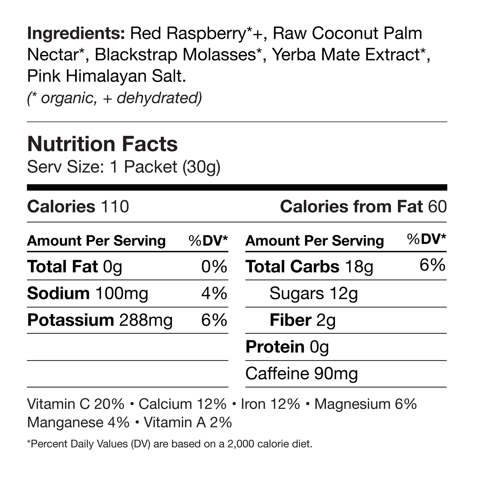 A Nutrition Facts label for a Muir gel, showing ingredients including red raspberry, raw coconut palm nectar, blackstrap molasses, yerba mate extract, and pink Himalayan salt. The label is printed in black text on a white background.