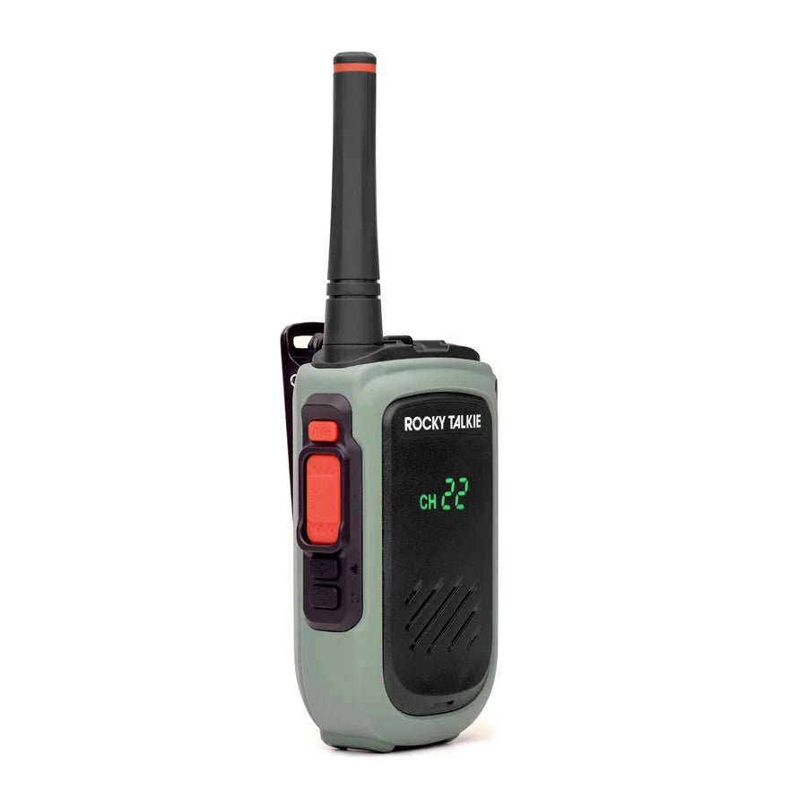 Walkie talkie with 'Rocky Talkie' branding on a white background
