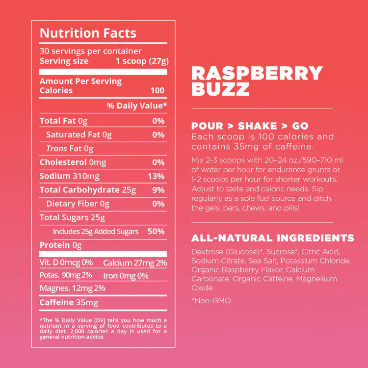 A pink and white product information card for Raspberry Buzz caffeine supplement. The left side features a white Nutrition Facts panel, and the right side displays product details, including 'RASPBERRY BUZZ' in large white text, usage instructions, and all-natural ingredients list on a solid pink background.