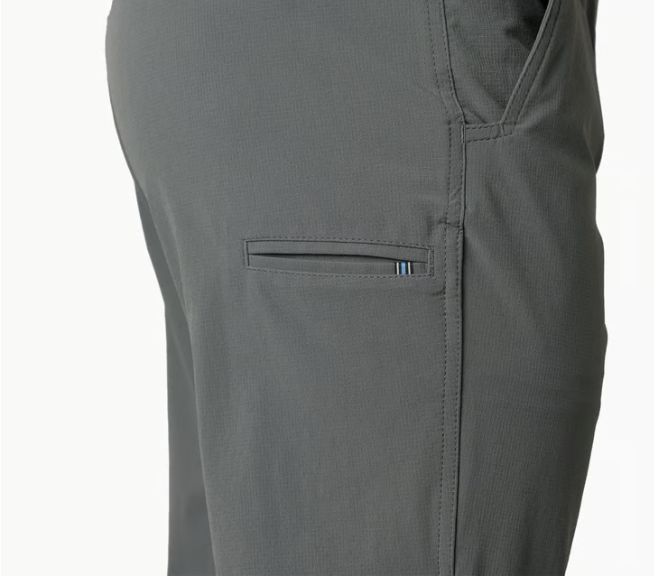 Close-up of dark gray pants showing a side pocket with a tiny blue and white striped accent tab, on a white background.