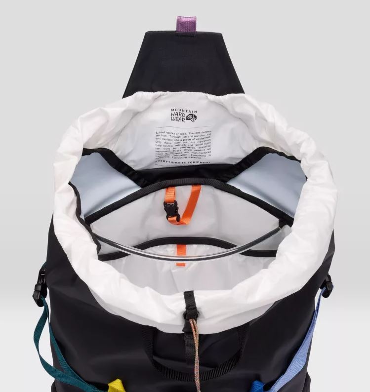 Mountain Hardwear Scrambler 25 Backpack, in black multi, open with gear sling inside