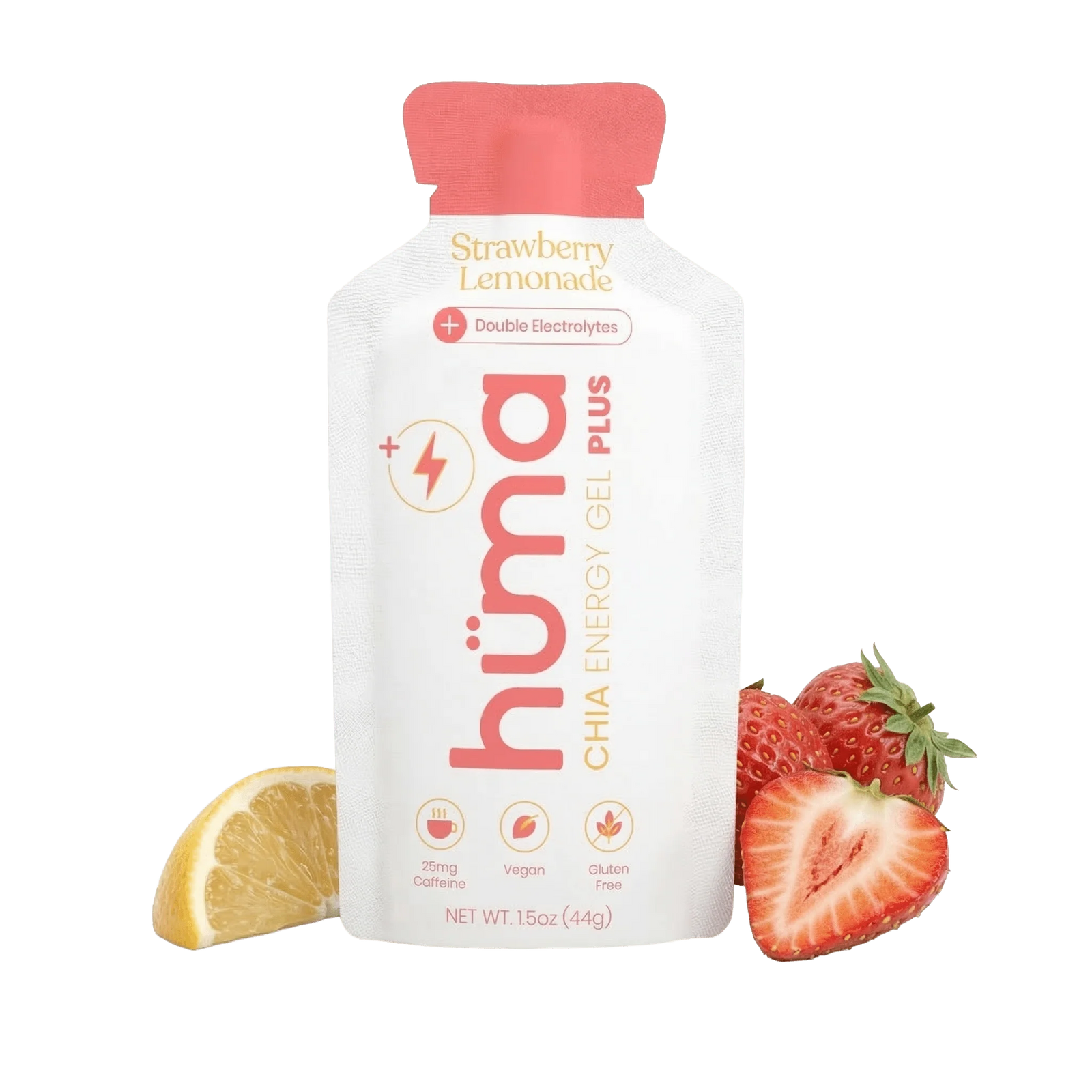 A 1.5oz pouch of hümä double electrolytes chia energy gel plus in Strawberry Lemonade flavor, shown on a white background with a strawberry slice, a lemon wedge, and whole strawberries.