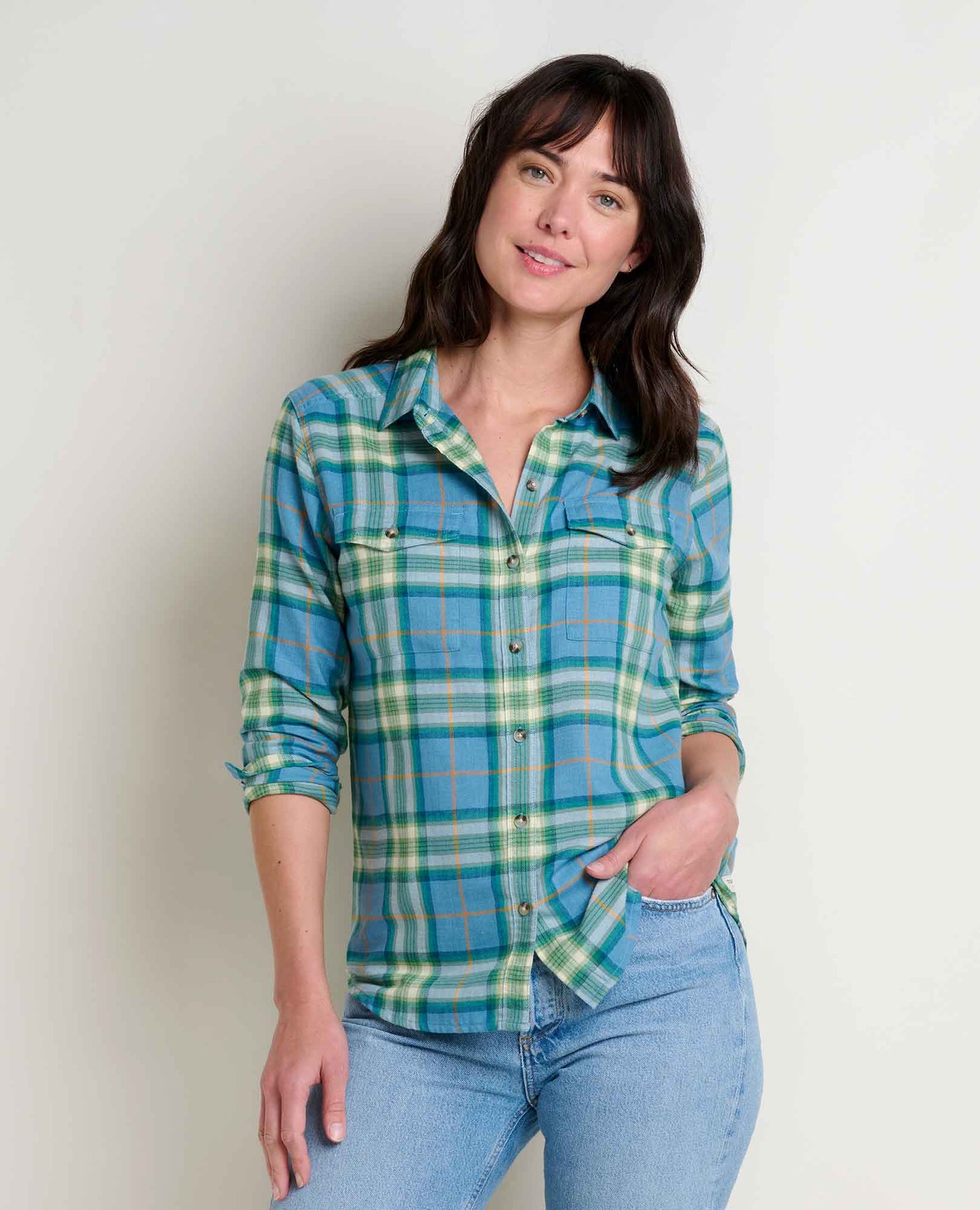 Toad & Co Re-Form Women's Flannel Shirt, color glacier lg windowpane, front