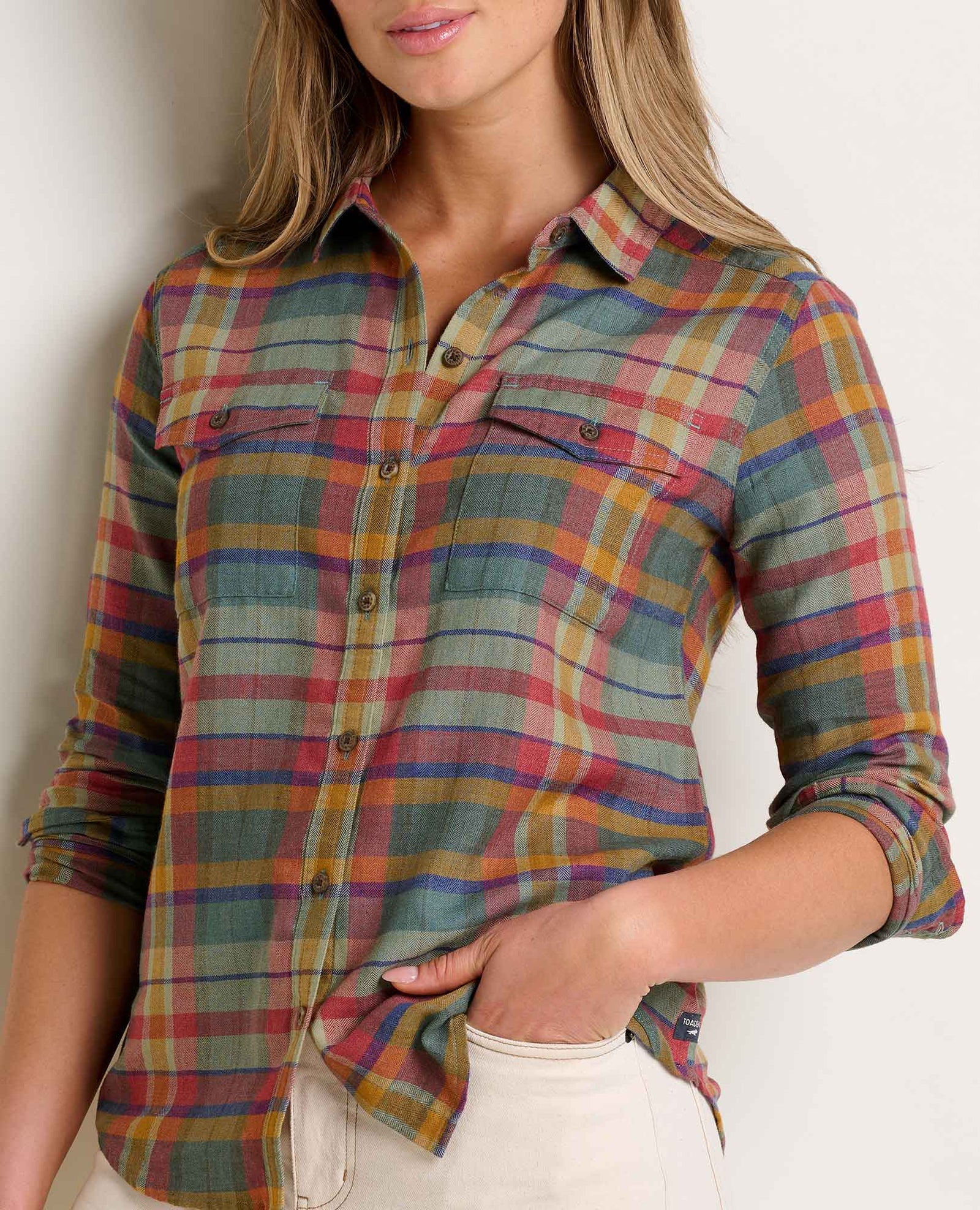 Toad & Co Re-Form Women's Flannel Shirt, color glacier lg windowpane Yucca Madras, front