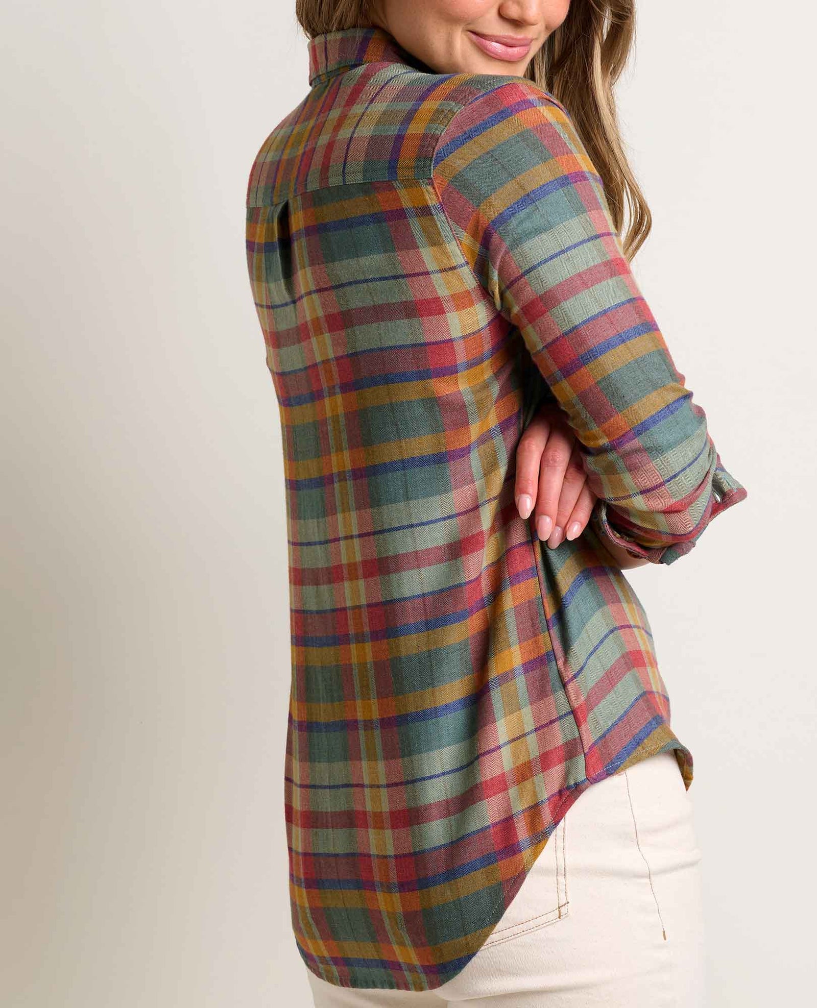 Toad & Co Re-Form Women's Flannel Shirt, color glacier lg windowpane Yucca Madras, side & back
