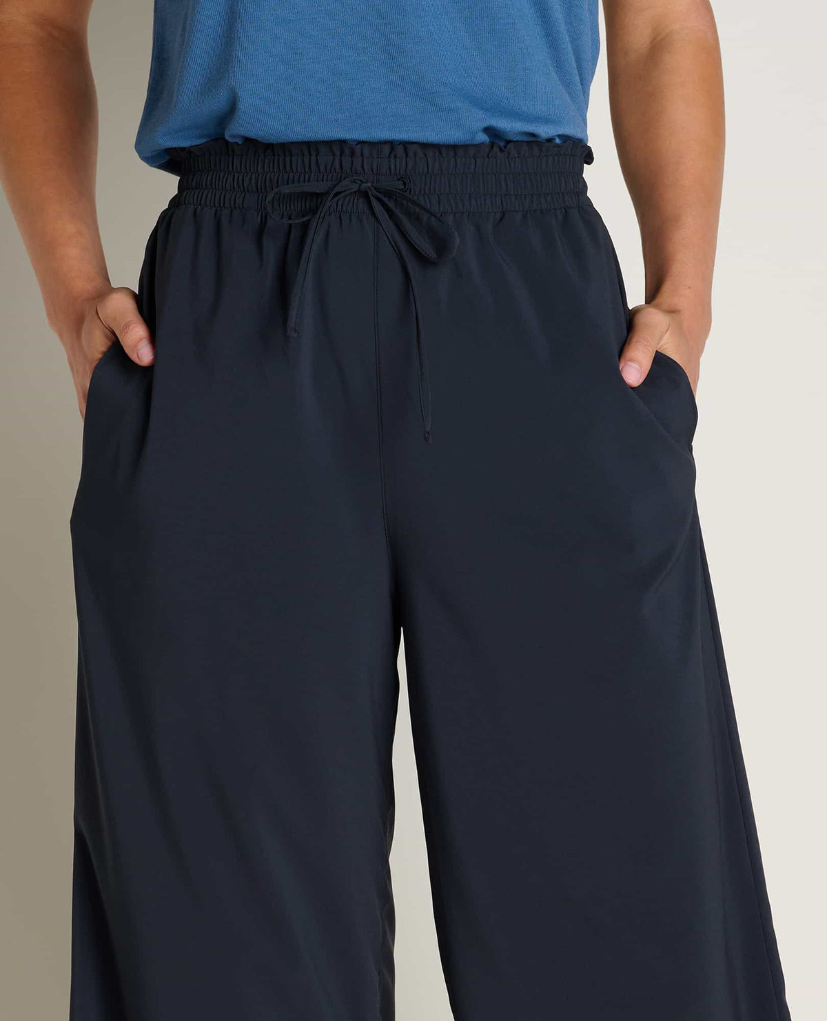 Toad & Co Sunkissed Wide Leg Pants Women's in black, front view, waist detail