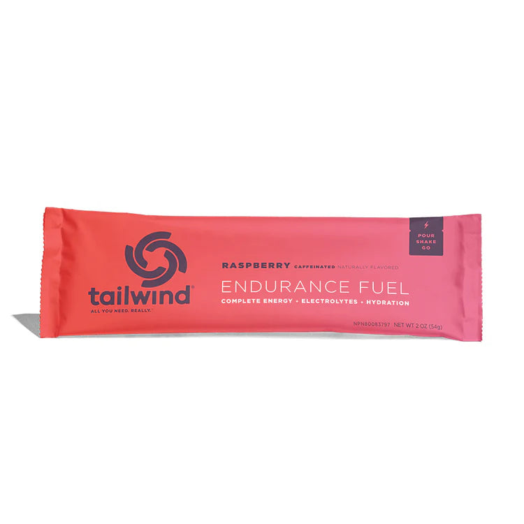 Raspberry caffeinated endurance fuel sachet with 'tailwind' branding on a white background
