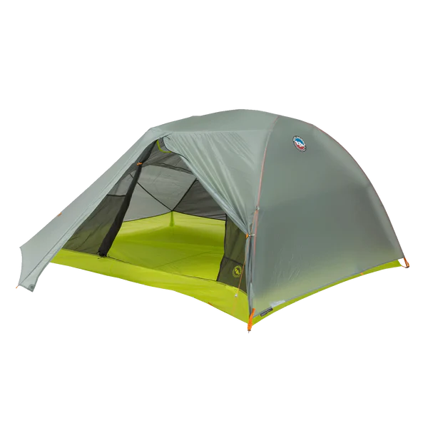 A dome-style camping tent with a gray exterior, lime green floor, and open front mesh door, shown on a plain white background.