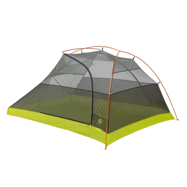 A dome-style camping tent with a dark gray mesh body, lime green floor and lower trim, and orange support poles, shown on a plain white background.