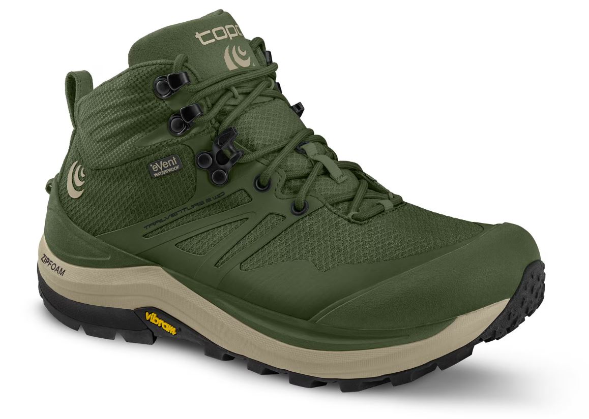 topo womens trailventure 2 waterproof in olive, three quarter view