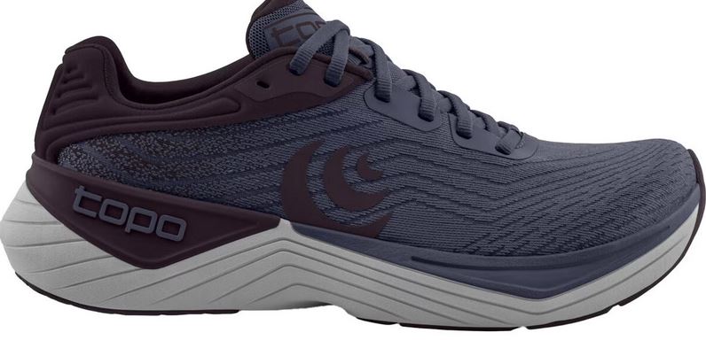 Blue running shoe with white sole on a white background