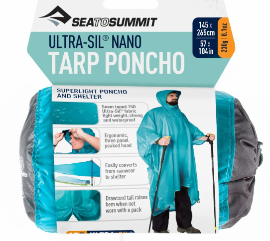Seato Summit Ultra-Sil Nano Tarp Poncho in teal and gray, packaged in its retail cardboard sleeve with product details and a model wearing the poncho.