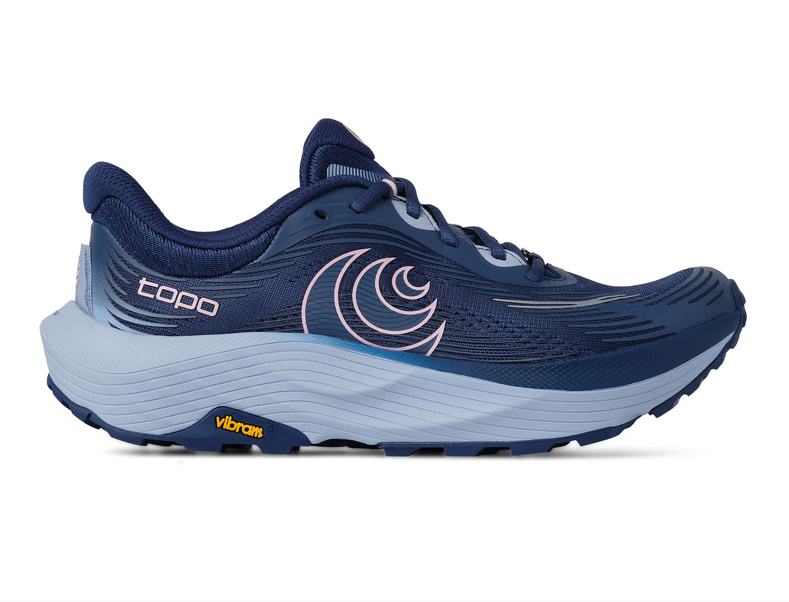 A navy blue and light blue running shoe with a white and navy wave logo on the side, featuring a thick white and light blue midsole and a yellow Vibram logo near the bottom.