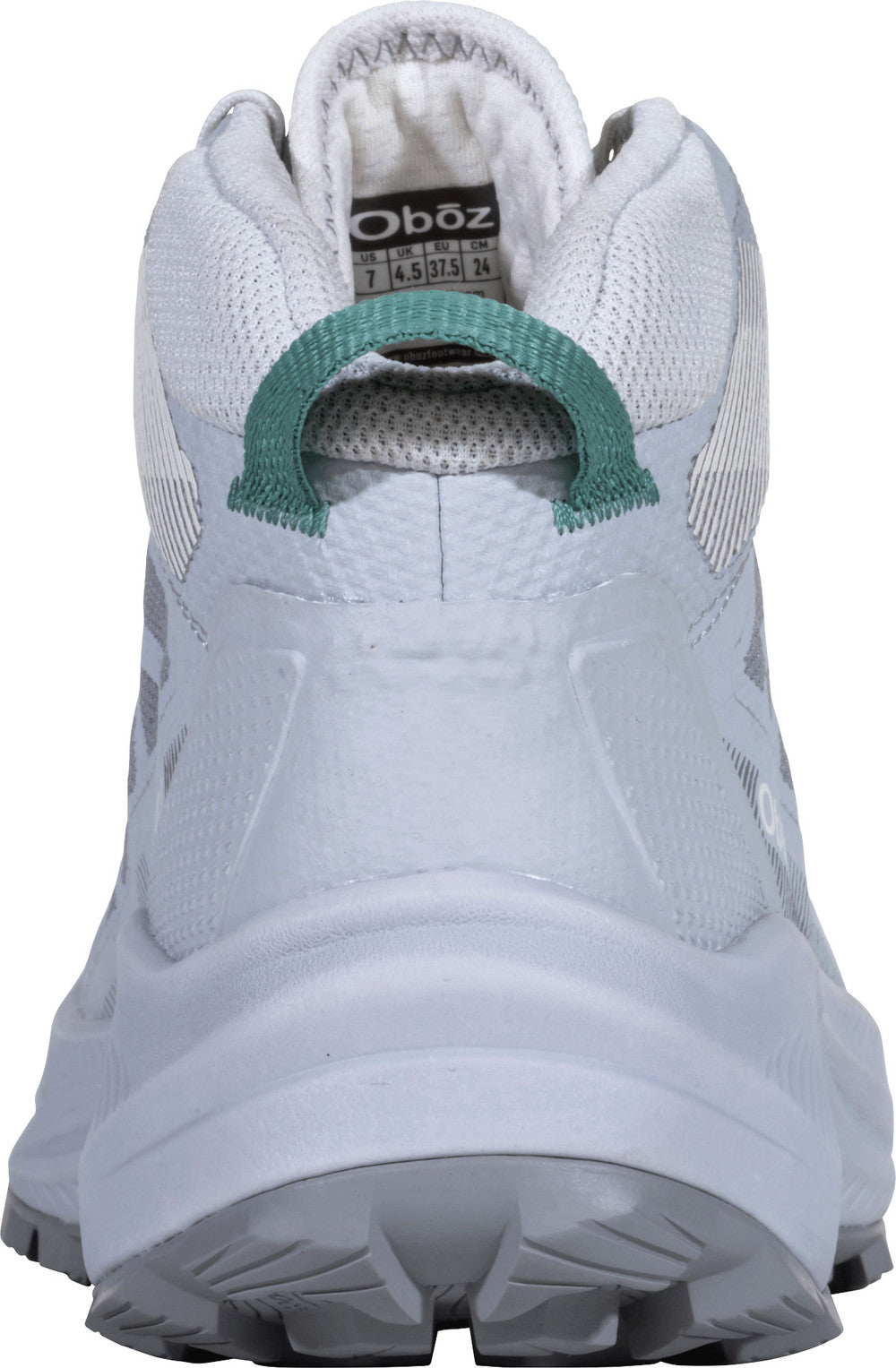 White hiking shoe with green accents on a white background