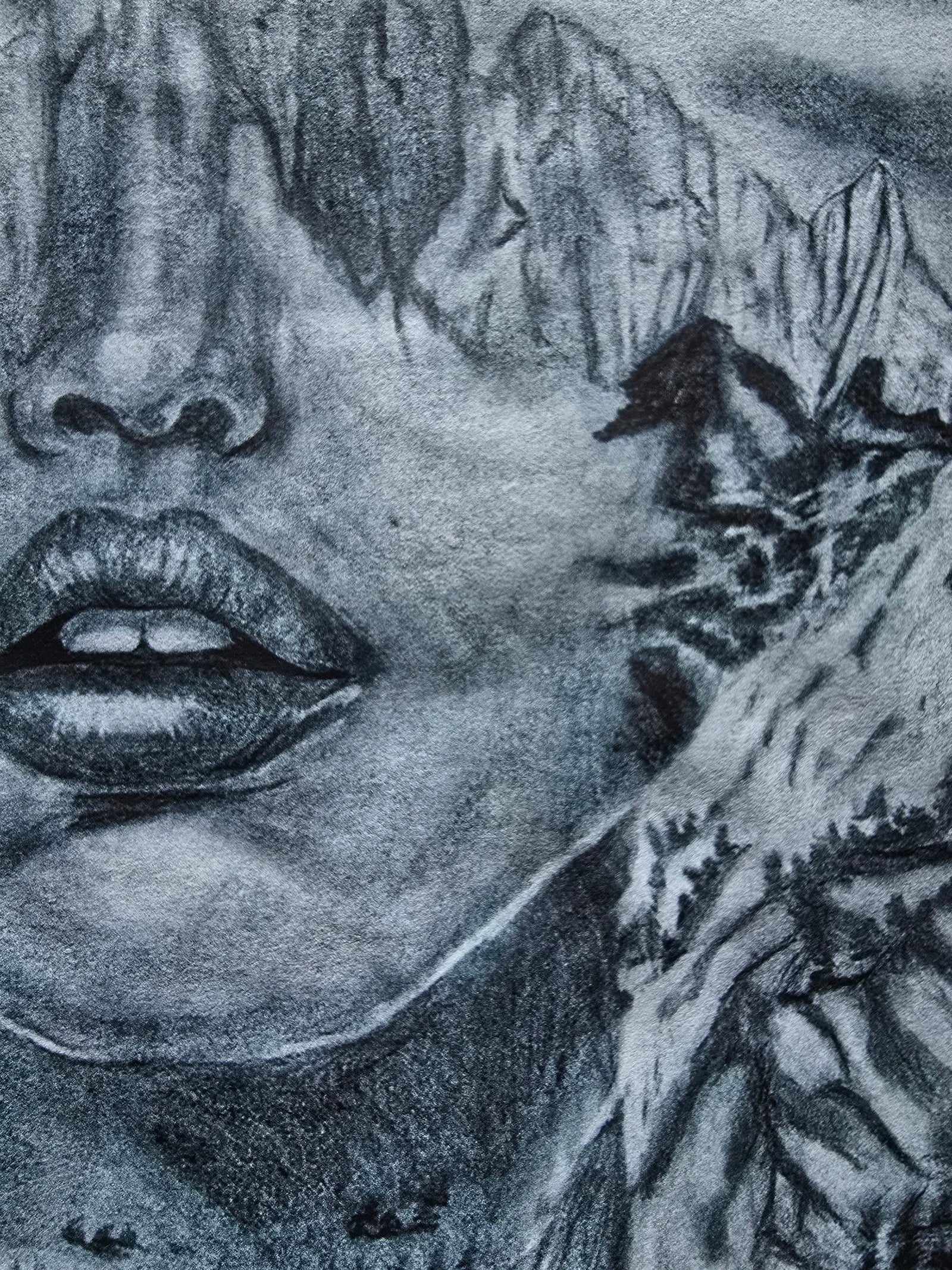 Close-up of a person's face with a tattoo on their neck, artistic depiction.