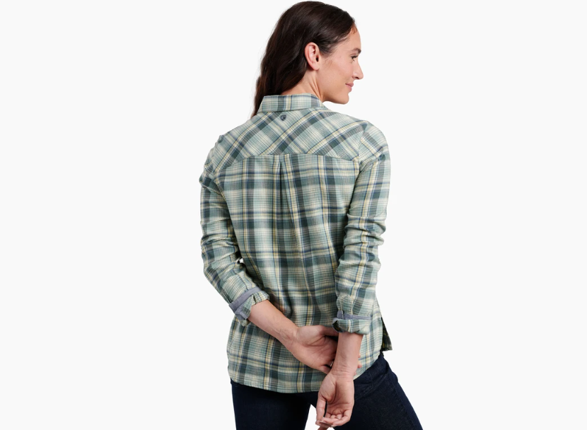 kuhl womens trailside longsleeve shirt in the color agave, back view on a model