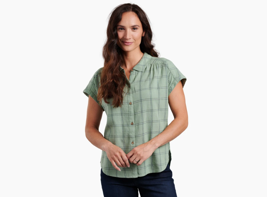 kuhl womens wylde shirt on a model in the color agave, front view