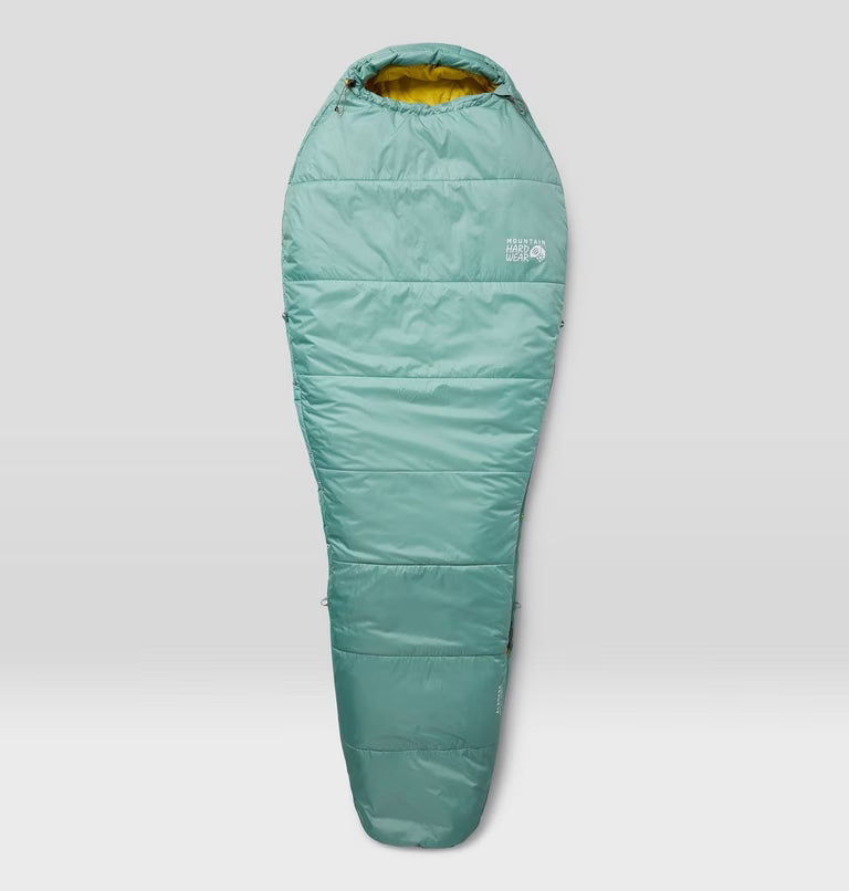 Teal sleeping bag with a brand logo on a white background