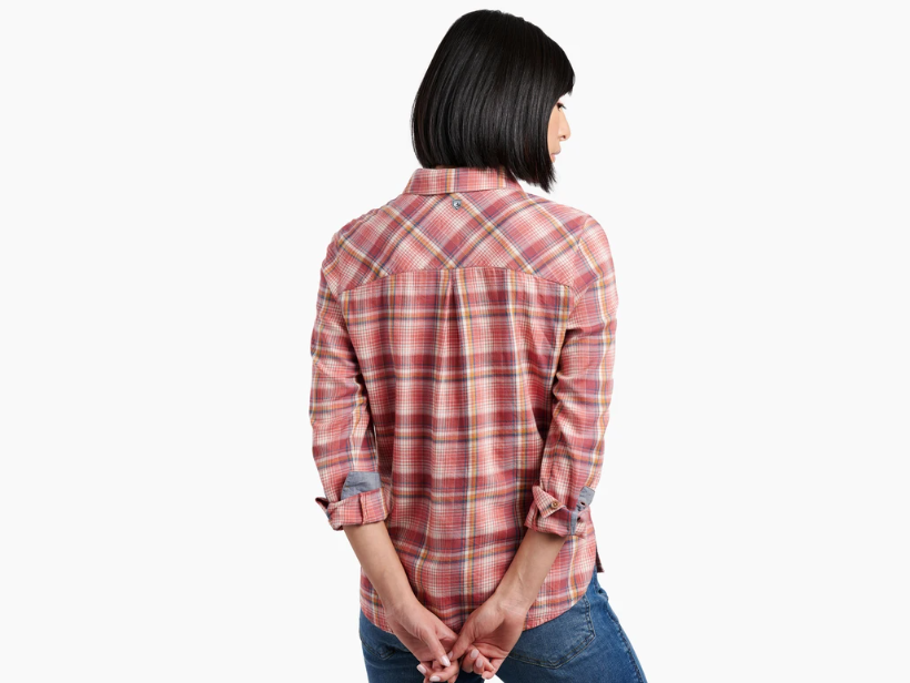 kuhl womens trailside longsleeve shirt in the color arabesque, back view on a model