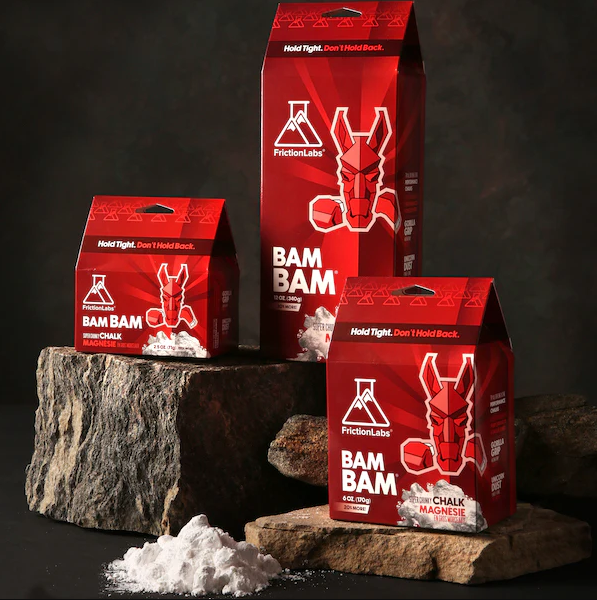 A photo showing the three different sizes of bam bam chalk from friction labs, with some sitting on the ground too