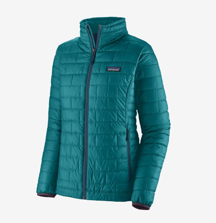 the patagonia womens nano puff jacket in the color belay blue, front view