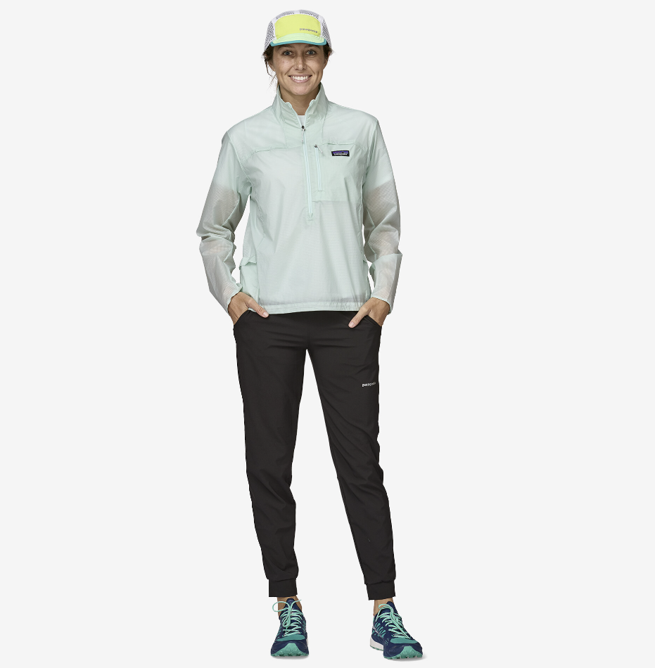 a model wearing the patagonia womens terrebonne jogger in the color black, front view