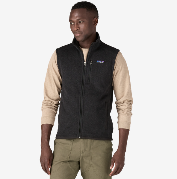 patagonia mens better sweater vest in black on a model, front view
