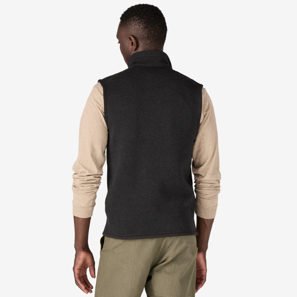 patagonia mens better sweater vest in black on a model, back view