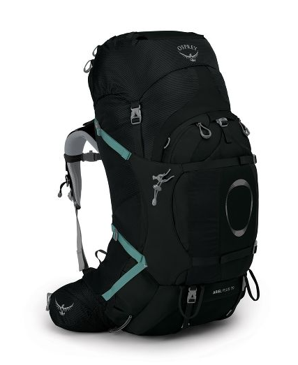 the ariel plus 70 backpack in black, front view