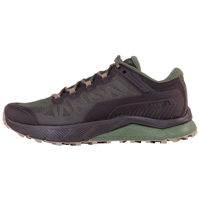 a photo of the la sportiva mens karacal running shoe in the color black/forest, inside view