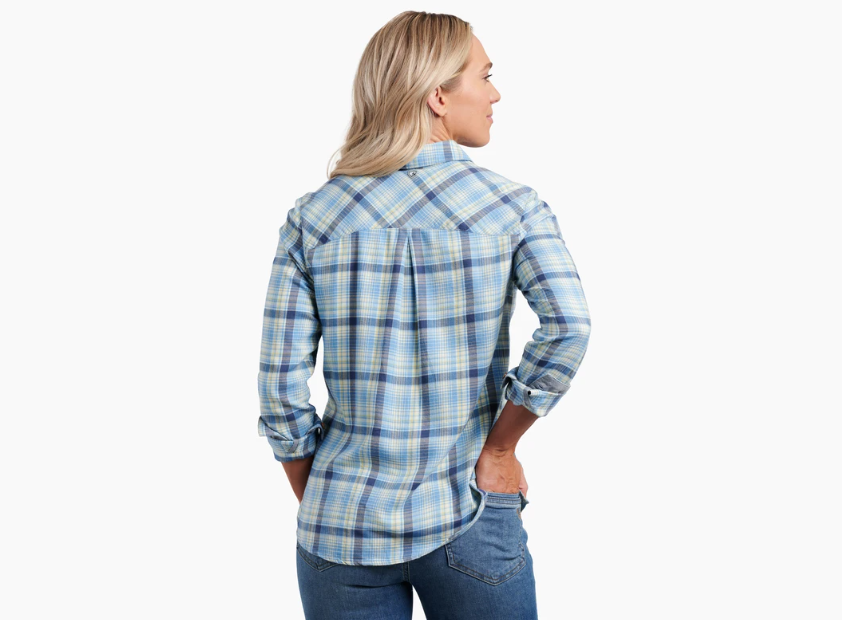 kuhl womens trailside longsleeve shirt in the color vista blue, back view on a model