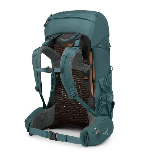 the osprey womens renn 65 backpack in the color blue, back view
