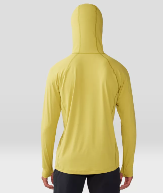 a model wearing the mountain hardwear mens crater lake hoody in the color bright olive, back view