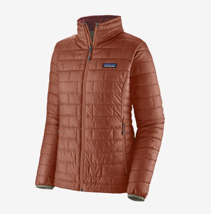 the patagonia womens nano puff jacket in the color burl red, front view