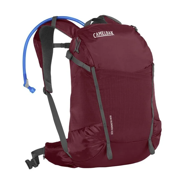 the camelback womens rim runner x 20 backpack in the color cabernet, front view