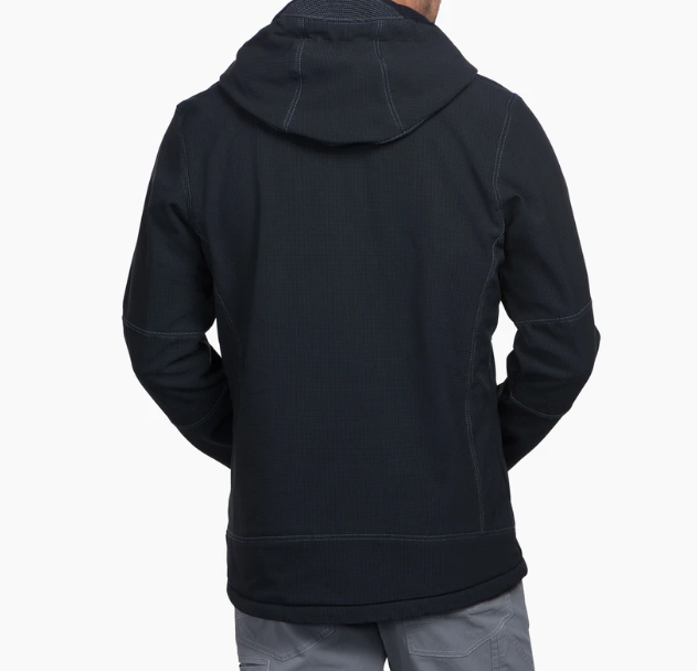 a model wearing the kuhl relik hoody in carbon, back view